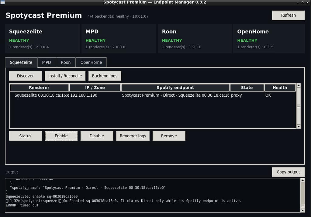 Spotycast Premium Manager GUI showing renderer management